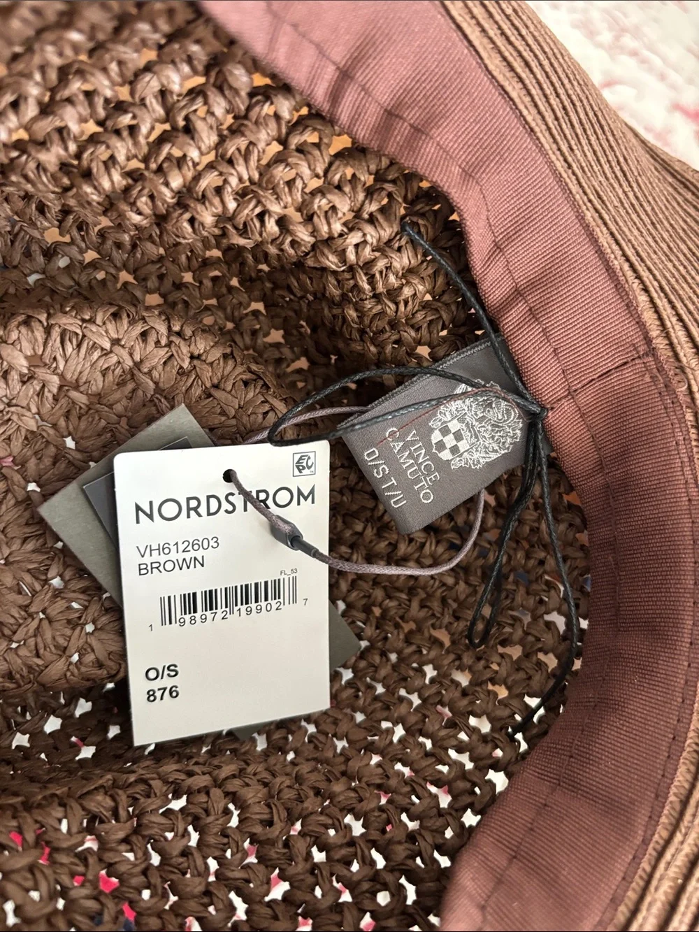 NWT Vince Camuto Brown Braided Straw Bucket Hat with Pink Beaded Accent Band